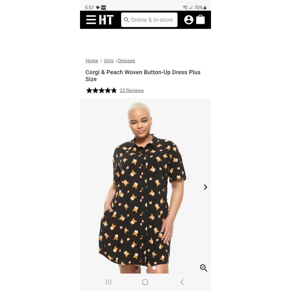 Authentic Hot Topic Woven Button Up Corgi and Peach Hipster Dress With Pockets